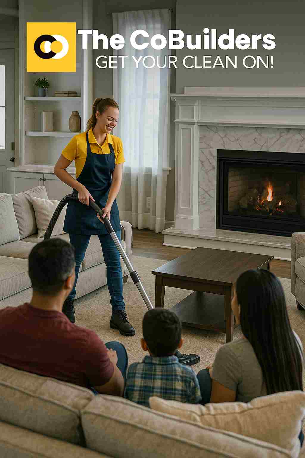 The CoBuilders maid cleaning a family living room in Kansas City, MO