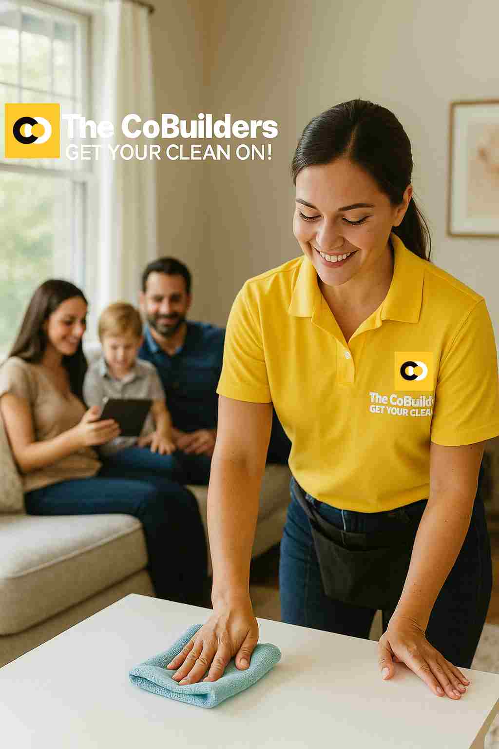 The CoBuilders maid cleaning a family living room in Minneapolis, Minnesota