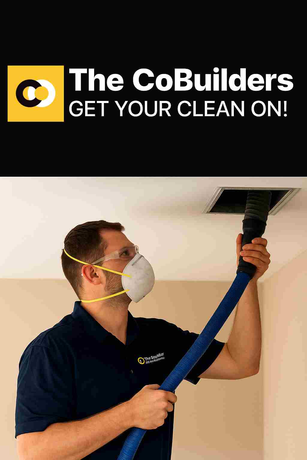 The CoBuilders technician performing air duct cleaning in a Des Moines, Iowa home