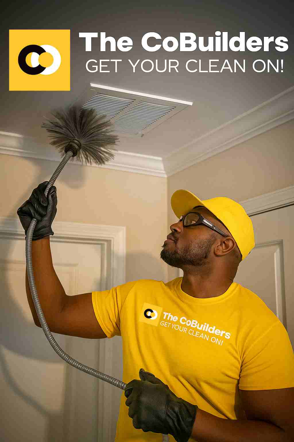 The CoBuilders technician performing vent cleaning services in a Charlotte, NC home