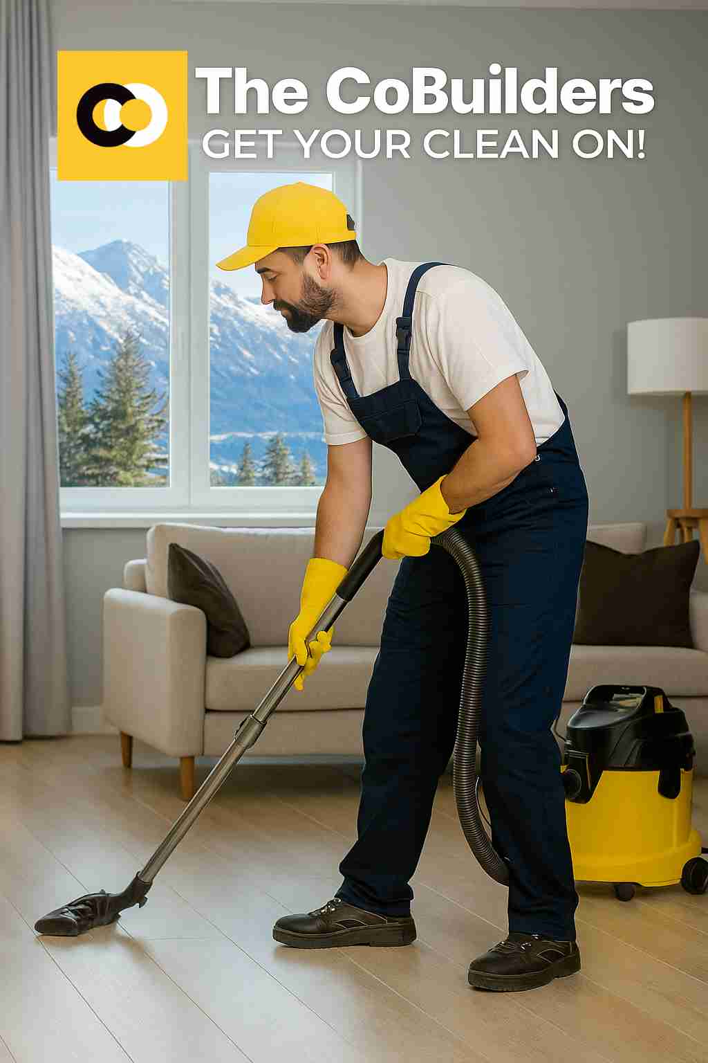 The CoBuilders cleaner providing professional cleaning service in an Anchorage, Alaska home with snowy mountains outside