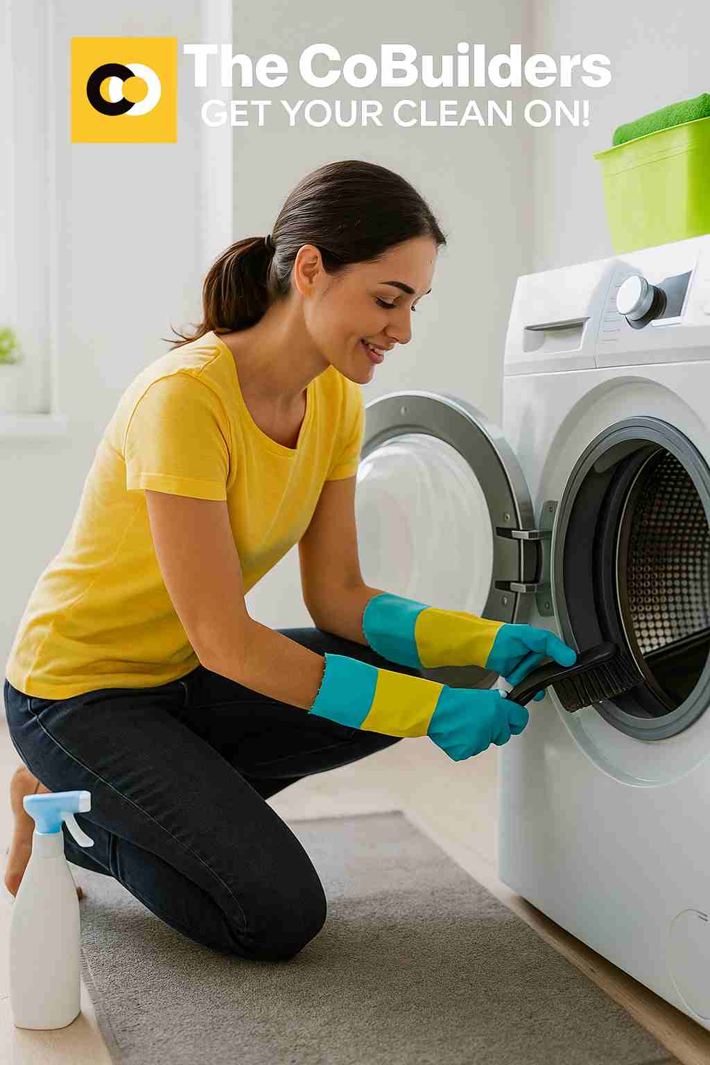a washer being deep-cleaned in a bright modern laundry room