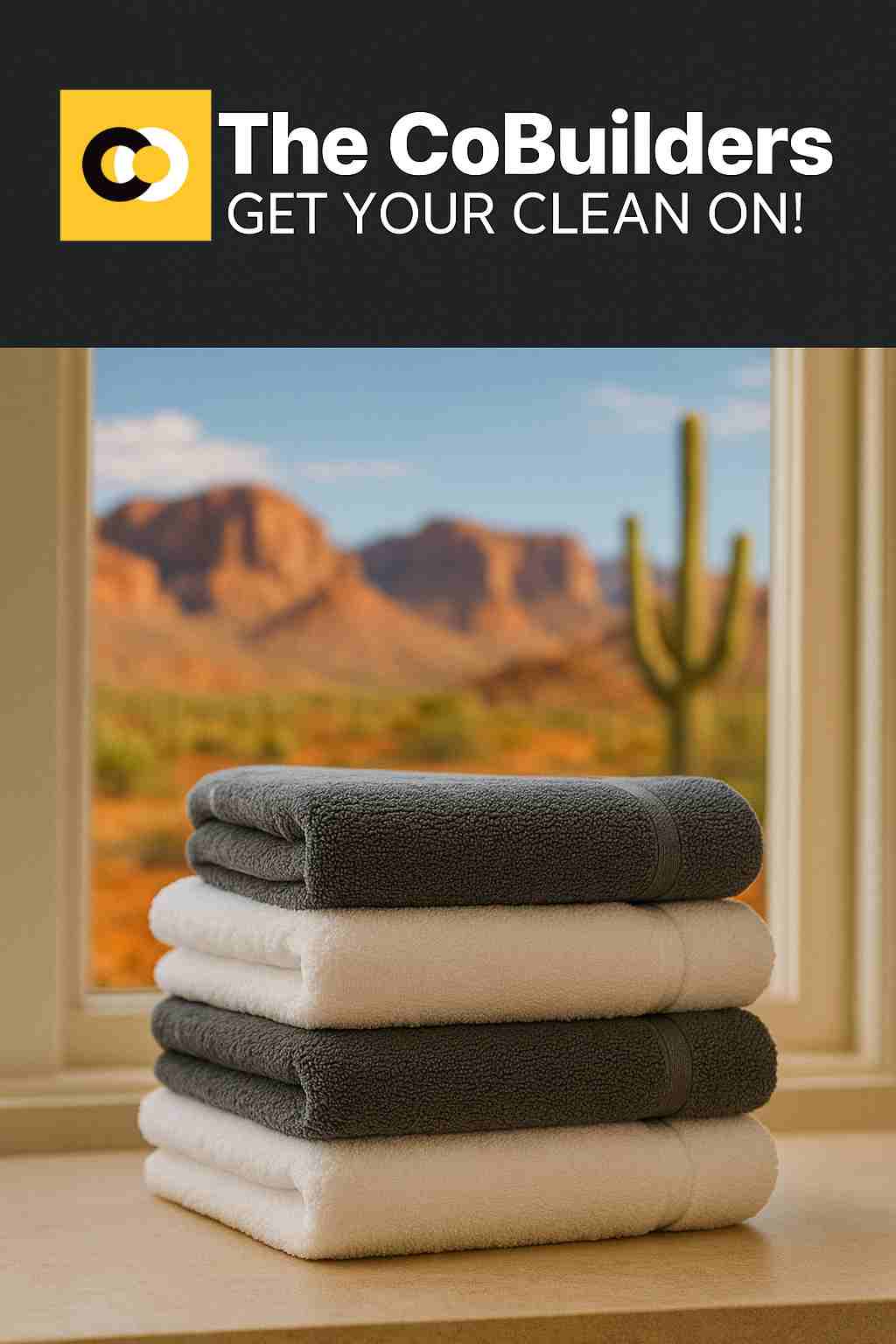 a neatly folded stack of laundry with desert scenery visible through a window