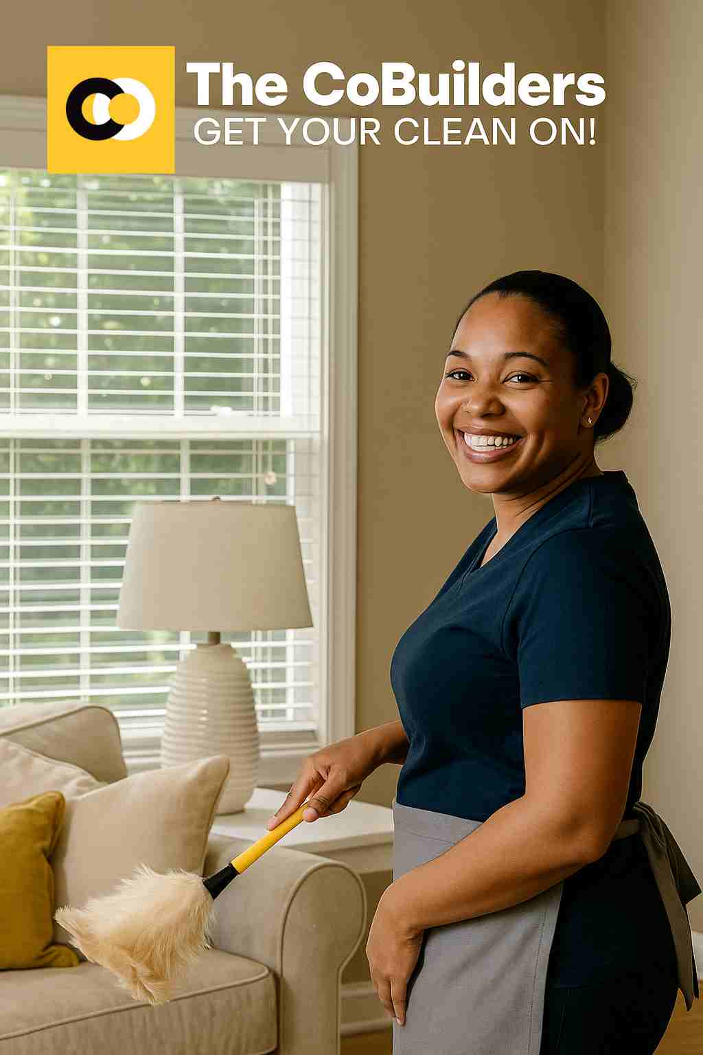 a cheerful maid dusting a sunlit living room in a Des Moines home