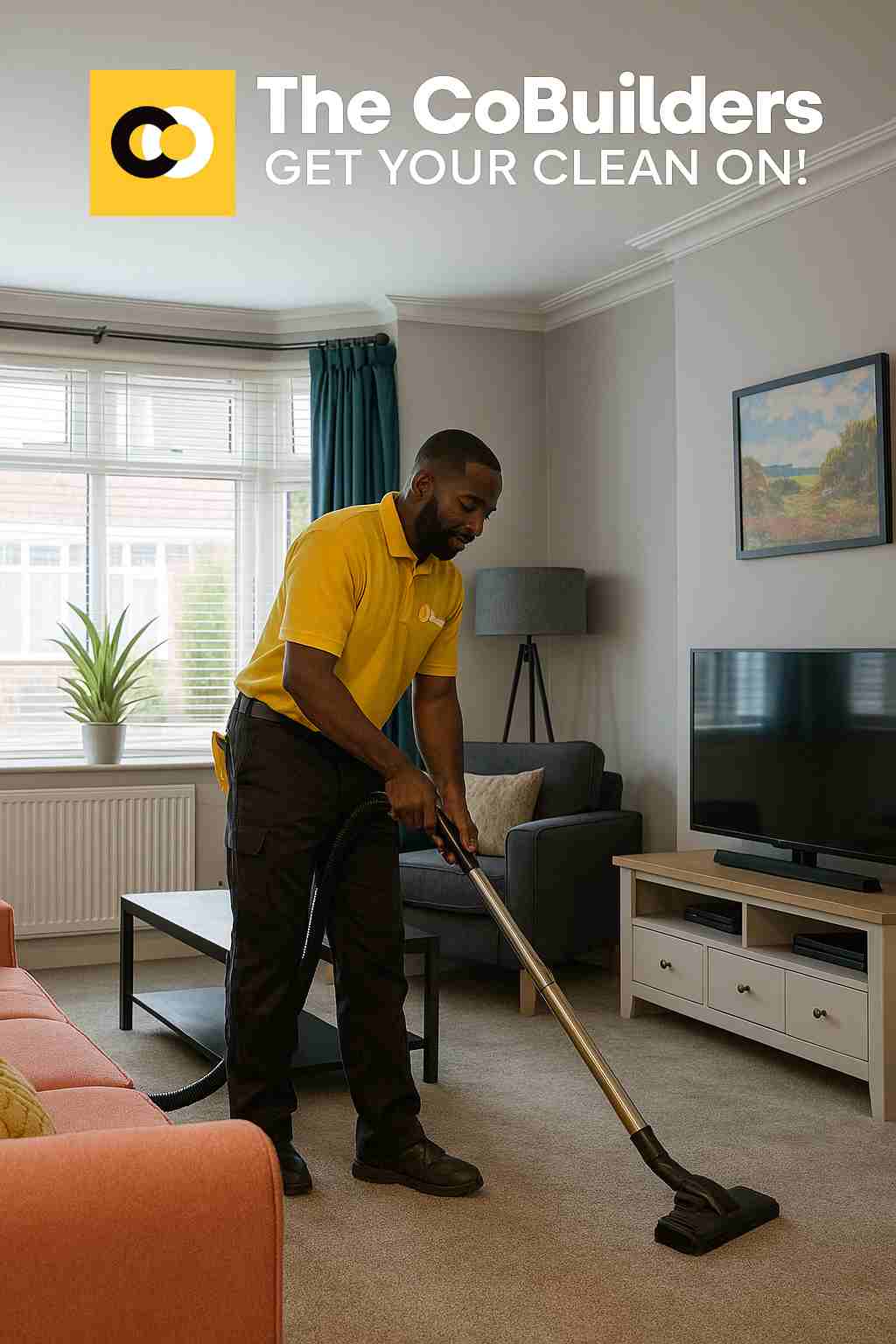 a Manchester home interior with a professional cleaner vacuuming a living room
