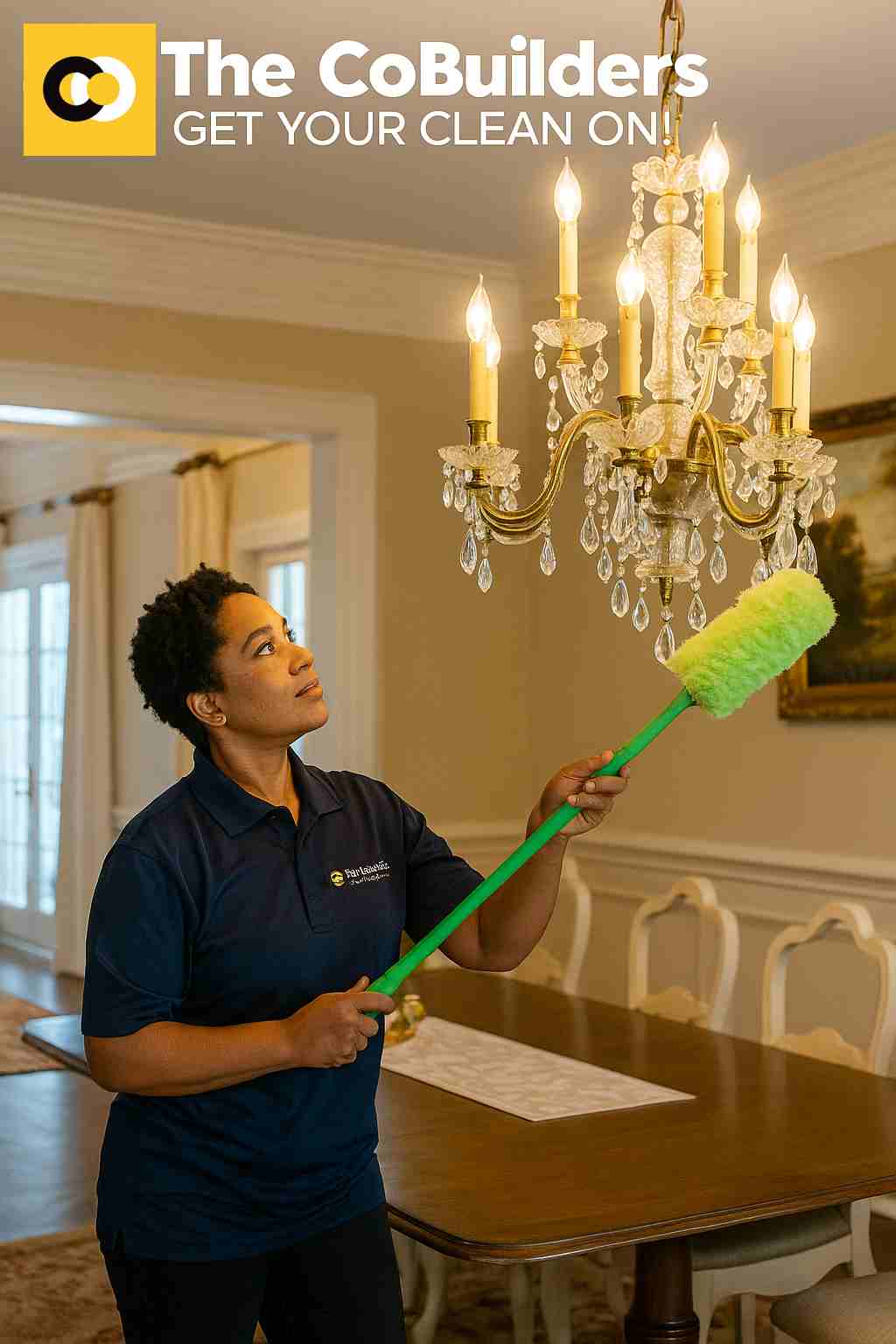 a Charleston-style home interior with a cleaner dusting a chandelier