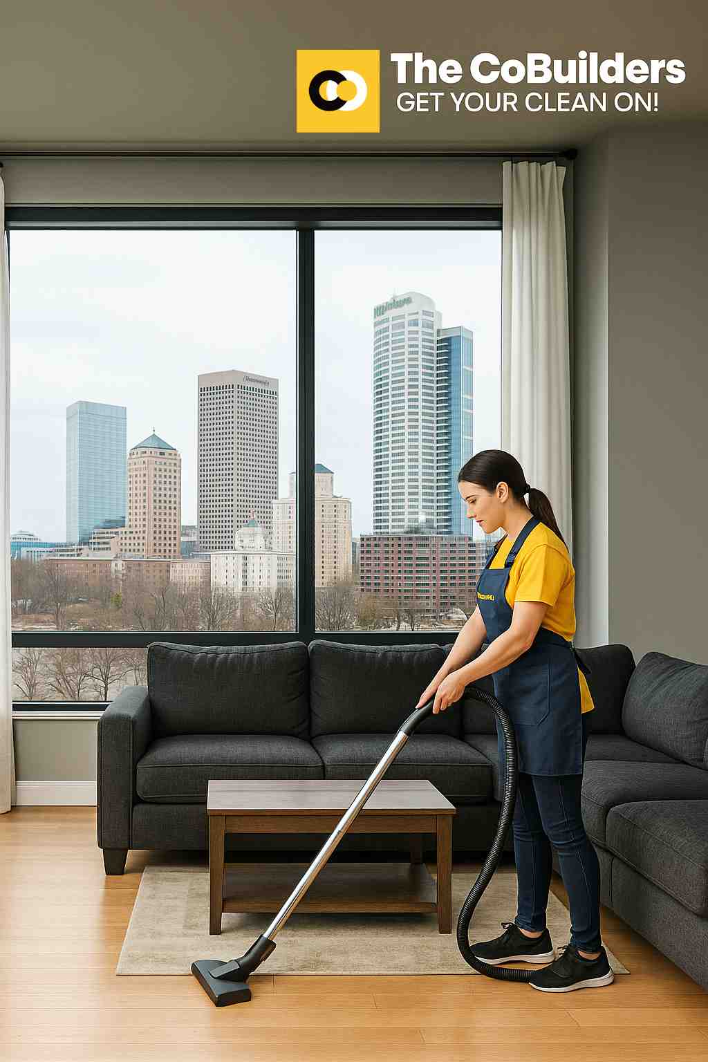 a Milwaukee living room with a maid vacuuming near a big window overlooking the city