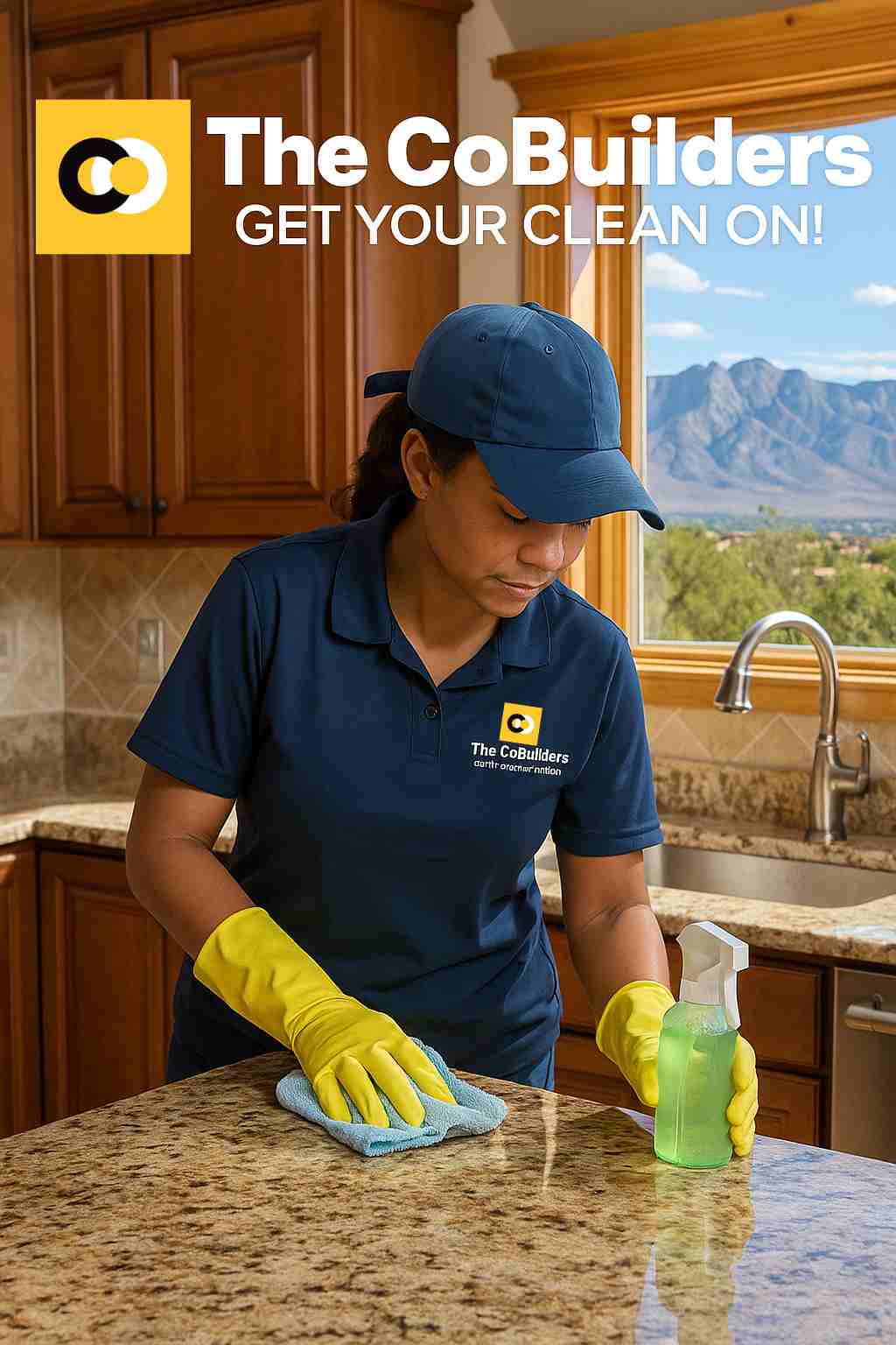 a professional cleaner wiping down a sunny Albuquerque kitchen with desert mountains visible through the window