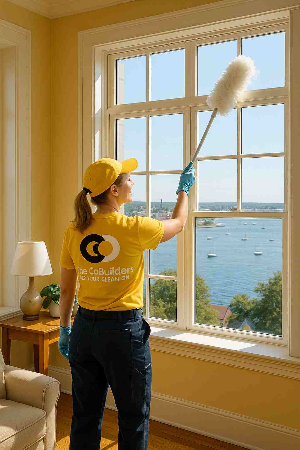 a bright Portland home interior with a cleaner dusting a window overlooking Casco Bay
