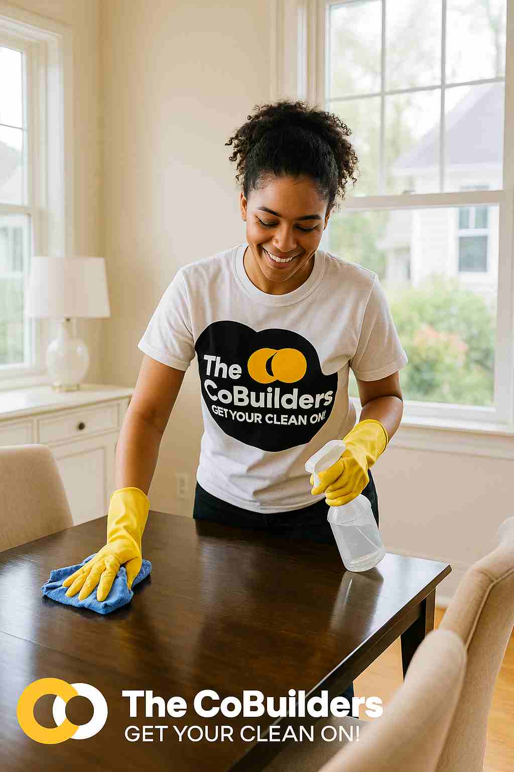 a Columbus home with a cleaner wiping down a dining table, bright natural light streaming in