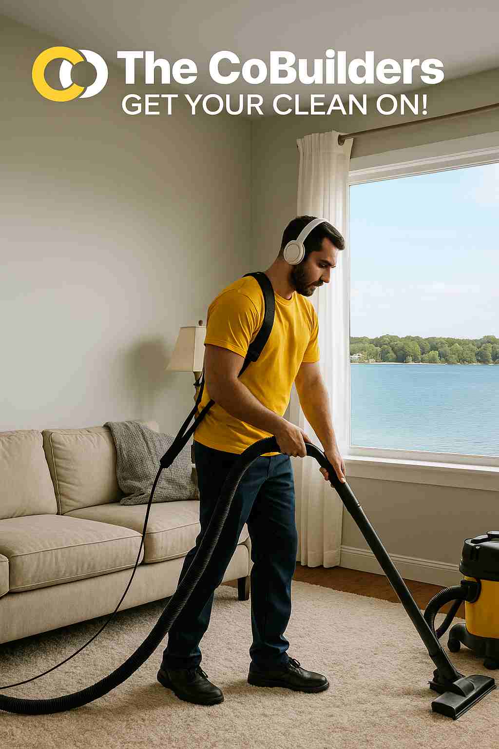 a sunny Madison living room with a professional cleaner vacuuming, and Lake Mendota visible through the window