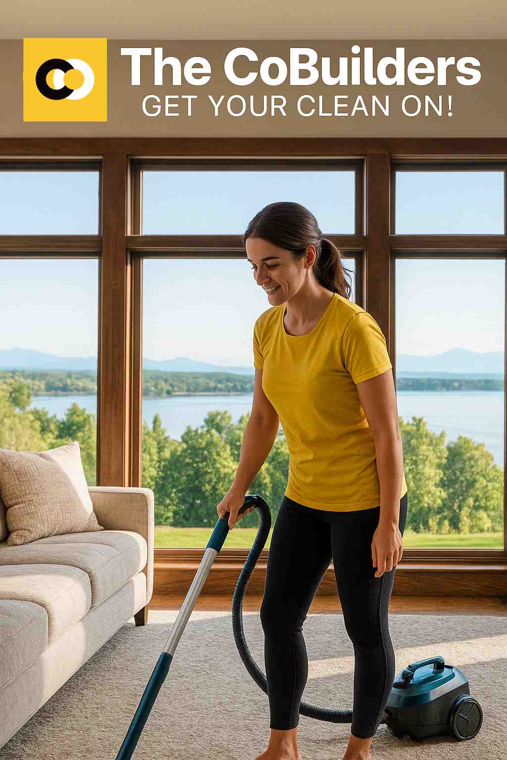 a Burlington home with a maid vacuuming near big windows overlooking Lake Champlain