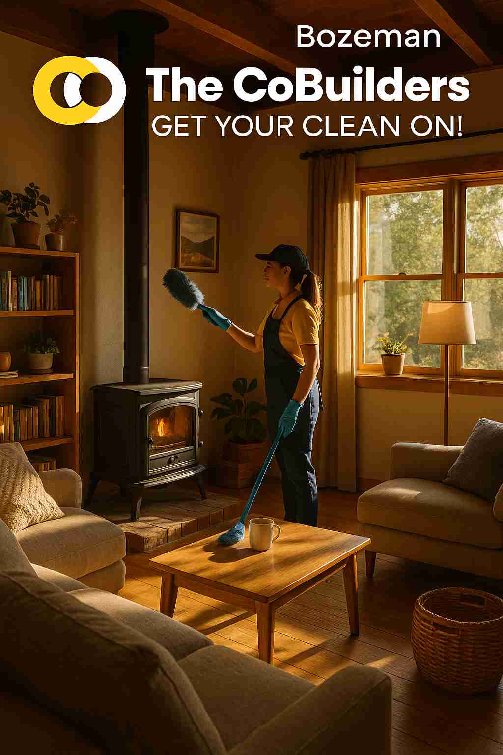 a cozy Bozeman living room with sunlight and a cleaner dusting near a wood-burning stove