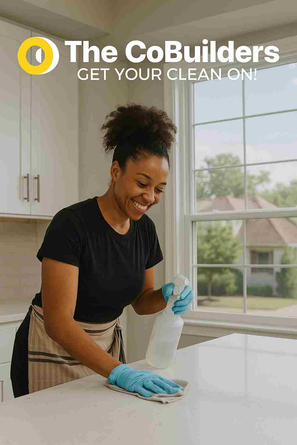 a bright Des Moines kitchen being wiped down by a smiling professional cleaner with big windows overlooking a neighborhood street