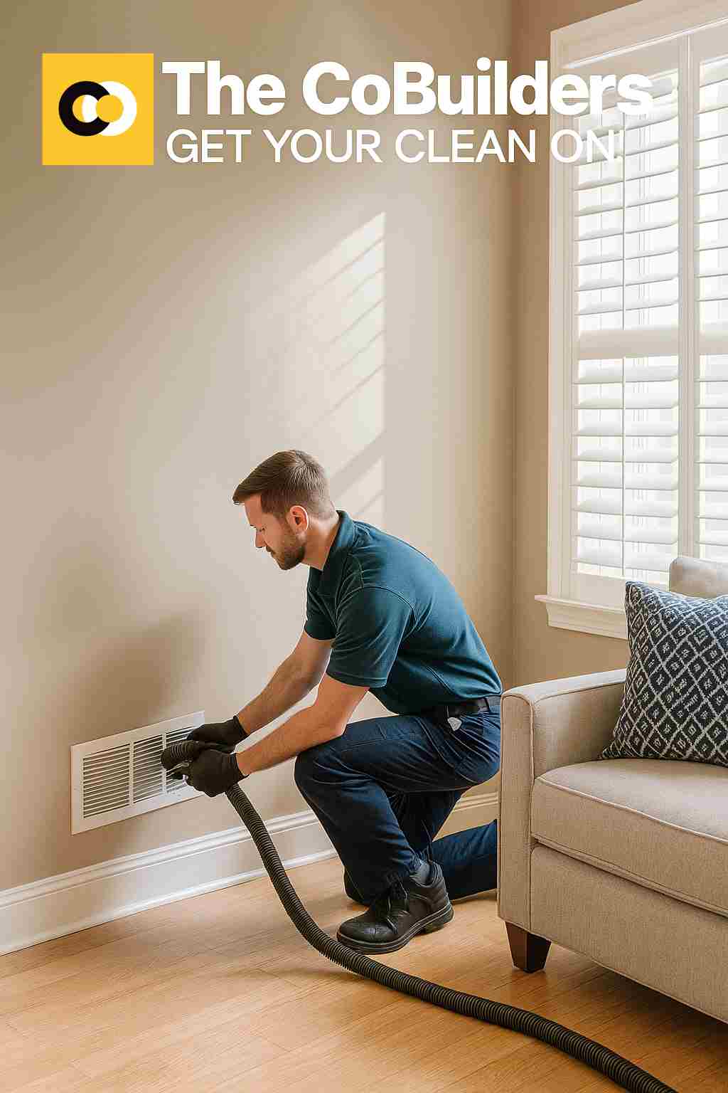 a Knoxville living room with a technician cleaning a vent cover, sunlight streaming in
