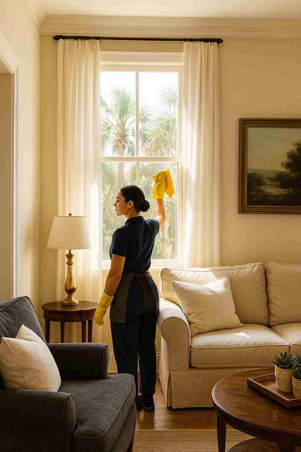 a Charleston living room with natural light and a cleaner dusting near a window with palmetto trees outside
