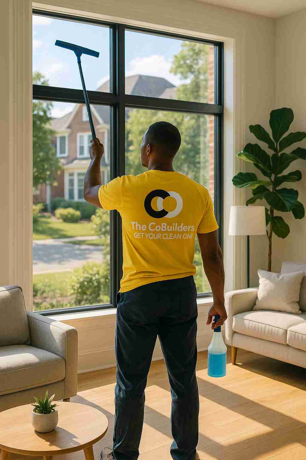 The CoBuilders local house cleaner providing streak-free windows cleaning service in a modern Raleigh living room with natural sunlight
