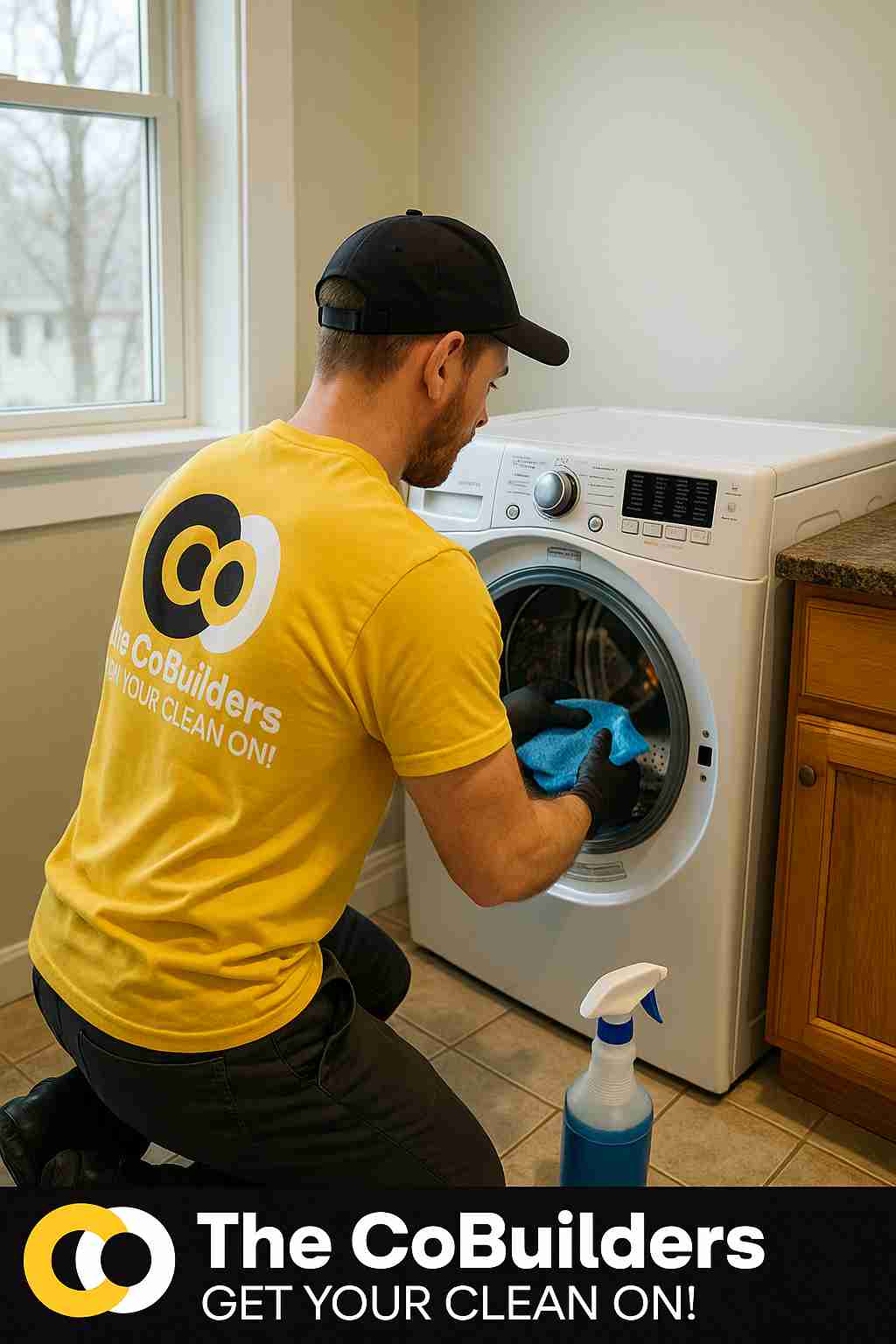 The CoBuilders technician deep cleaning a front-load washer machine in a Burlington, VT family home