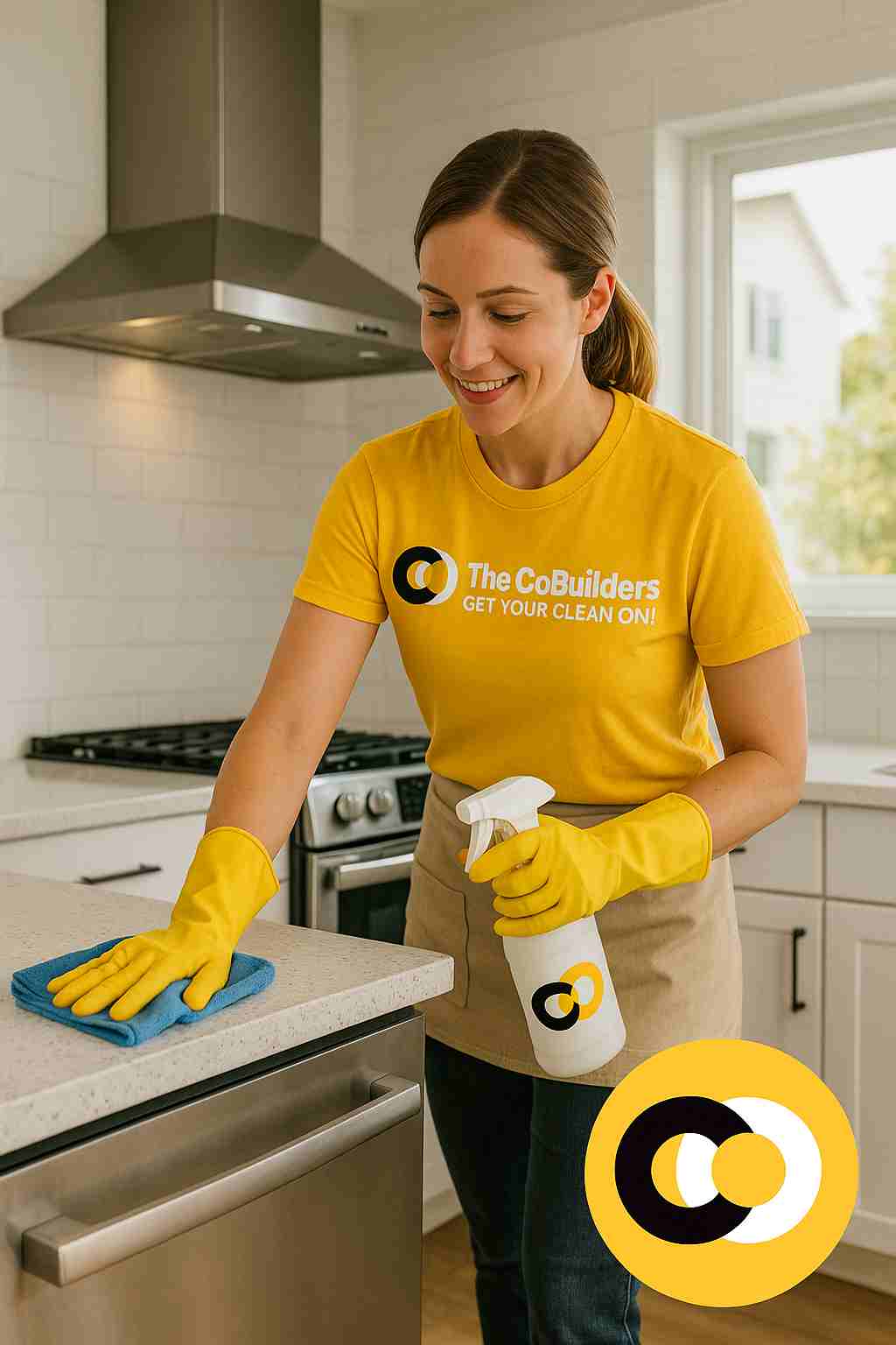 Eco-friendly maid service home by The CoBuilders in Boise, ID kitchen — cleaner sanitizing counters and wiping appliances