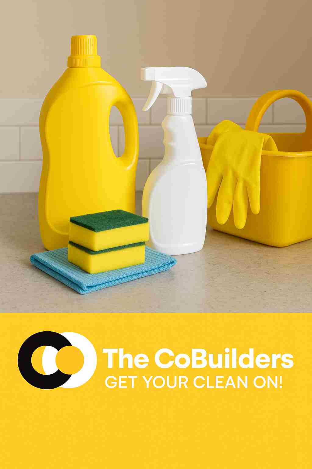 The CoBuilders house cleaning service in Richmond, VA with essential cleaning supplies on a countertop ready for use