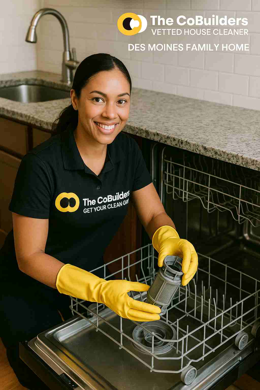 Vetted house cleaner from The CoBuilders providing dishwasher maintenance and cleaning the filter inside a Des Moines family home
