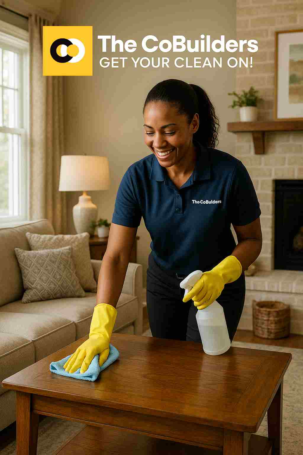 Professional cleaner from The CoBuilders providing house cleaning services in a Columbus, Ohio family living room