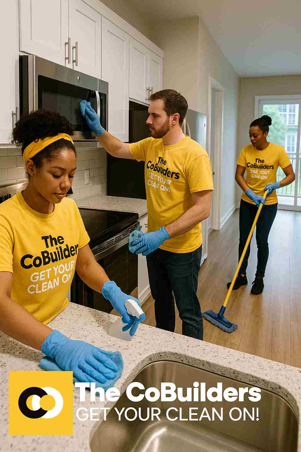 The CoBuilders move-out cleaning team deep cleaning a kitchen and floors in a Louisville, KY apartment for relocation
