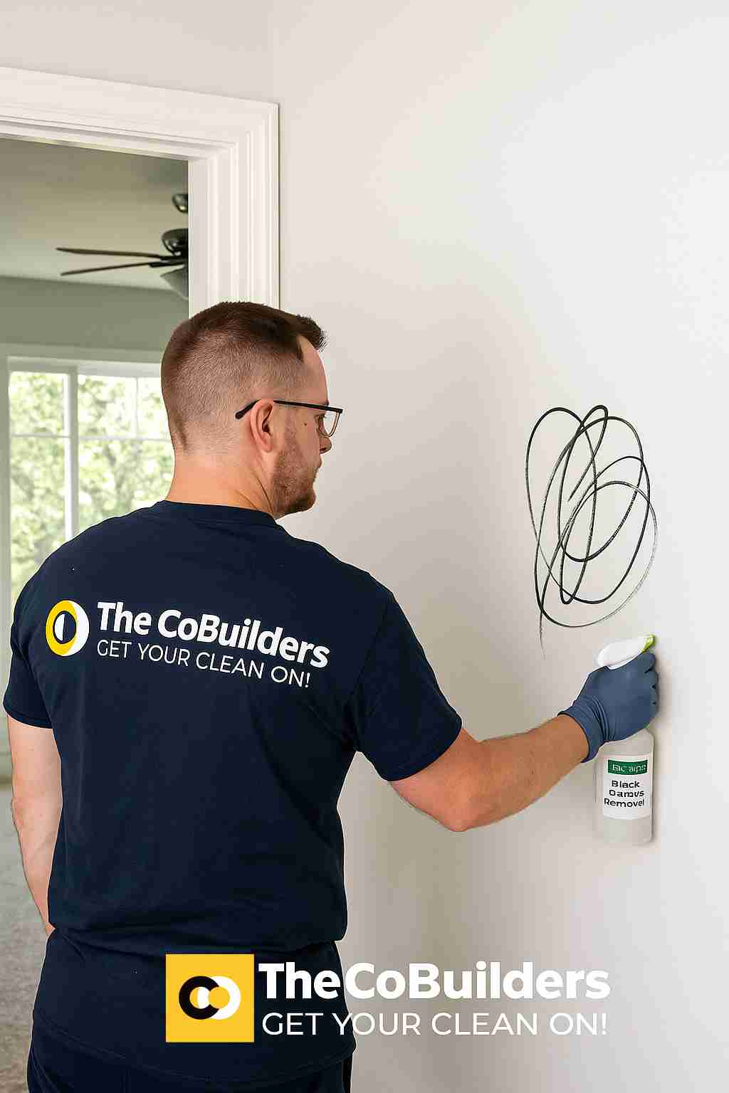 Professional cleaner from The CoBuilders using eco-friendly black marker remover on a white wall inside a Madison, Wisconsin family home