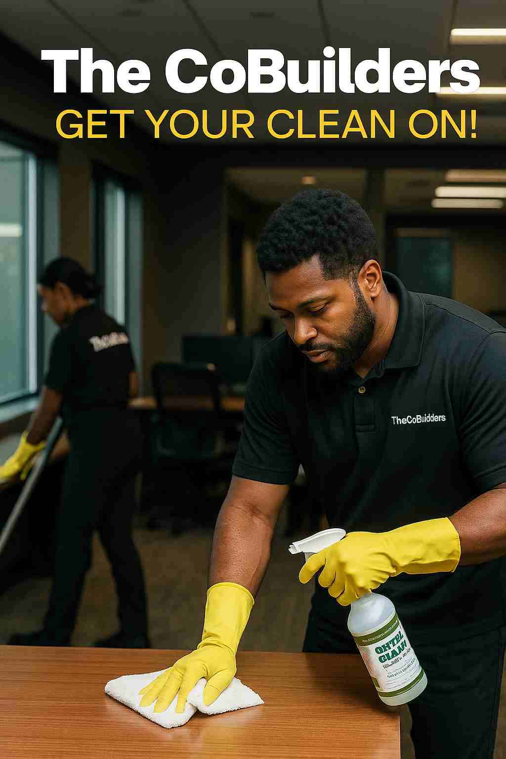 Office cleaning professionals from The CoBuilders performing after-hours cleaning in a Raleigh, North Carolina tech company using green cleaning products