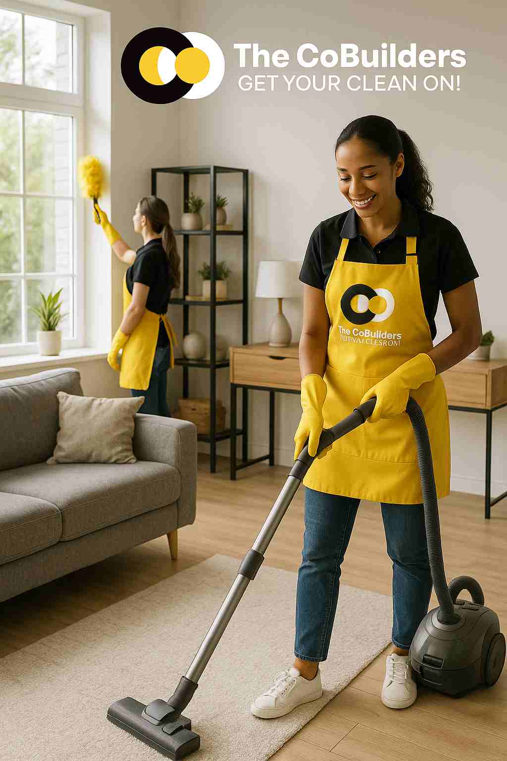 The CoBuilders housekeeping team dusting and vacuuming in a modern San Antonio, TX living room with bright natural light