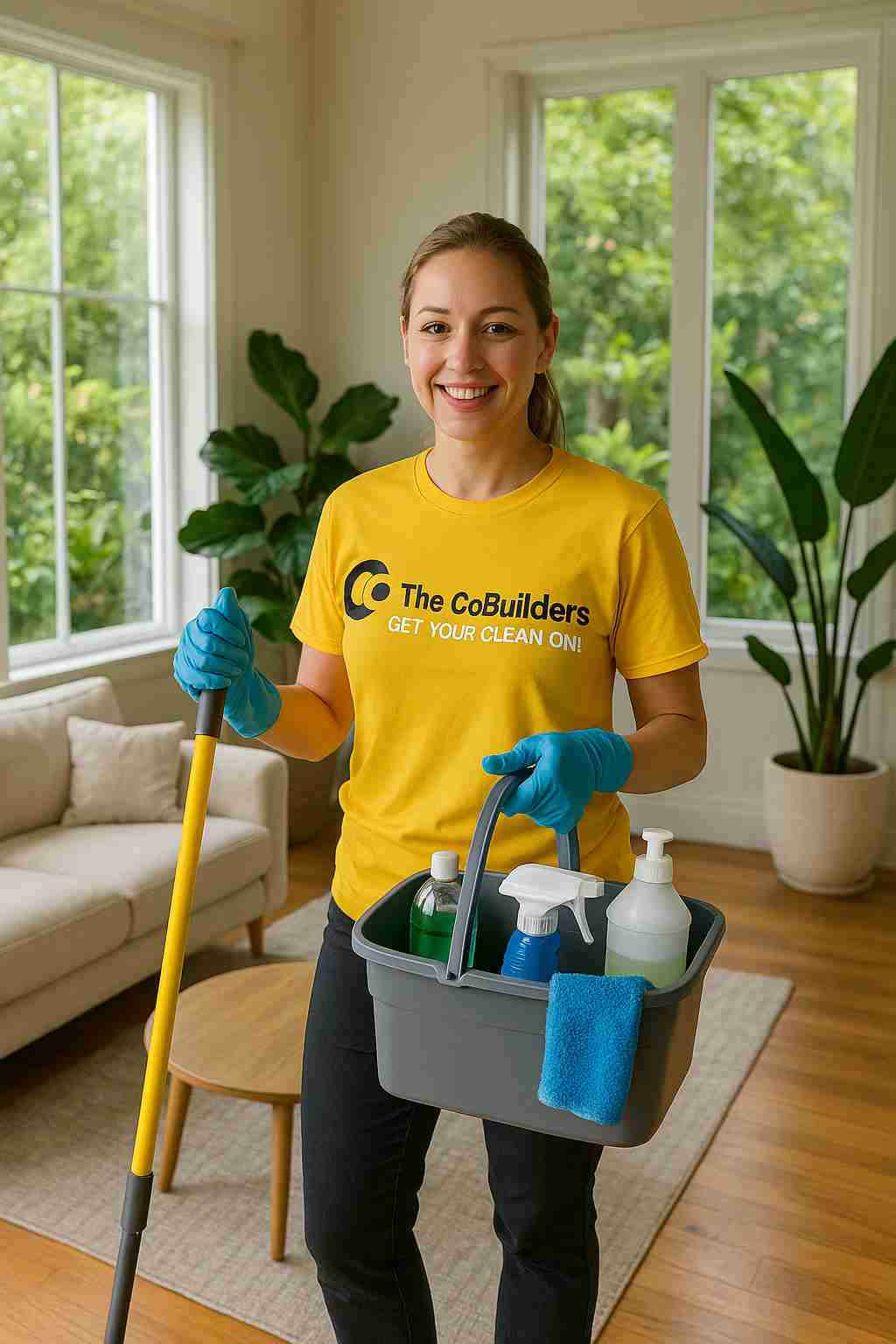 The CoBuilders professional performing residential house cleaning near me in a Portland, Oregon home surrounded by greenery