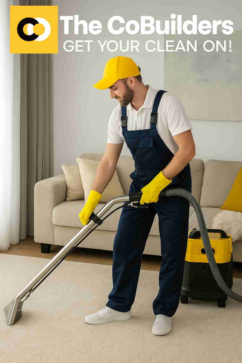 A professional carpet cleaning technician operating a carpet steam-extraction machine in a living room, with clean carpet contrast, bright natural light, soft furnishings — realistic style