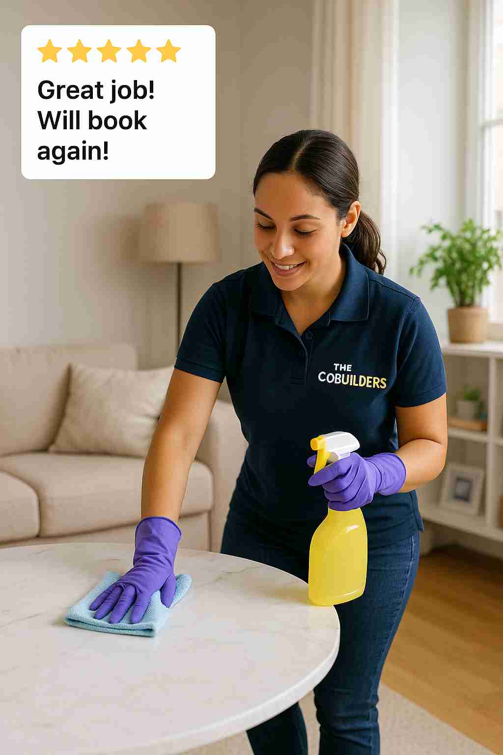 Professional cleaner from The CoBuilders performing home cleaning service after customer review and booking