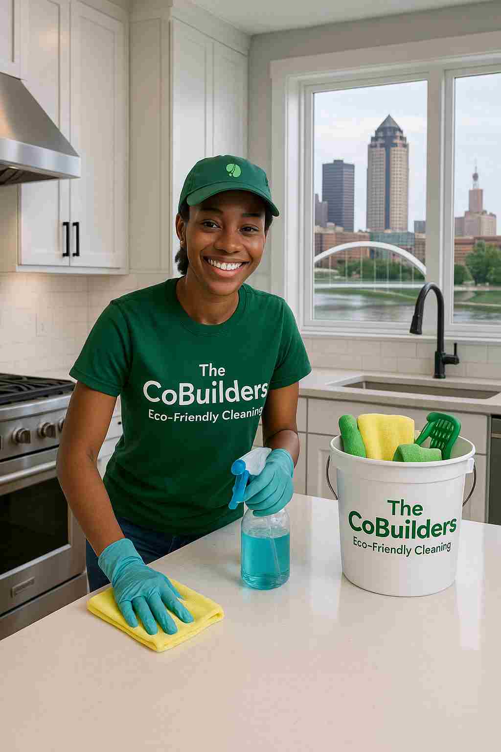 Eco-friendly cleaning service by The CoBuilders in a modern Des Moines, Iowa kitchen with bright countertops