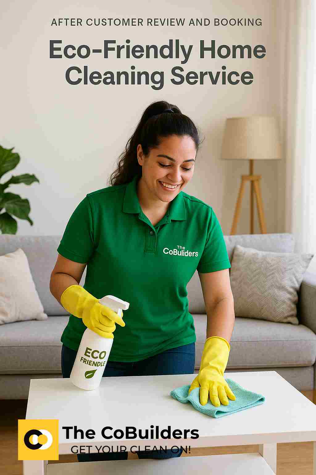 Professional cleaner from The CoBuilders performing eco-friendly home cleaning service after customer review and booking