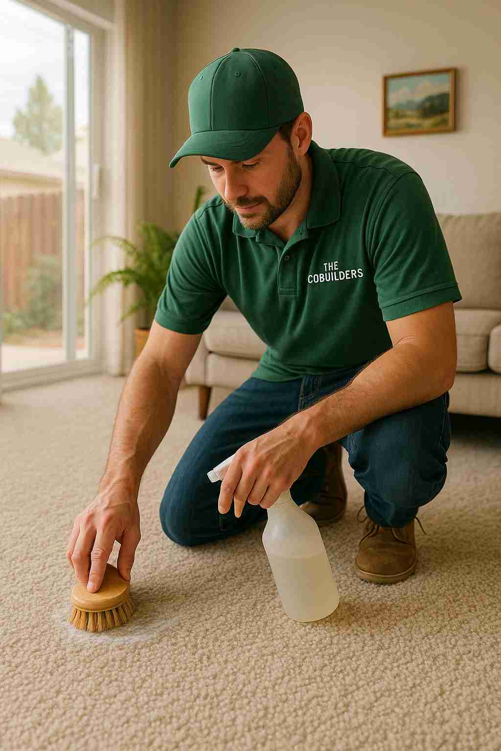 Eco-friendly carpet cleaning in Reno, Nevada home by The CoBuilders professional using gentle brush and natural solution
