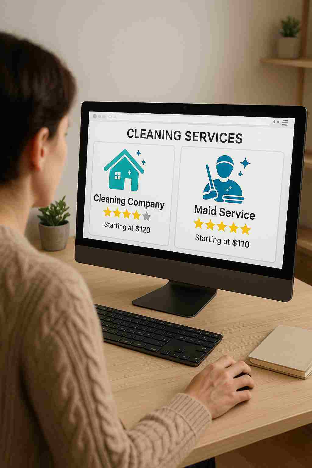 Homeowner comparing cleaning service options on a computer, checking reviews and pricing
