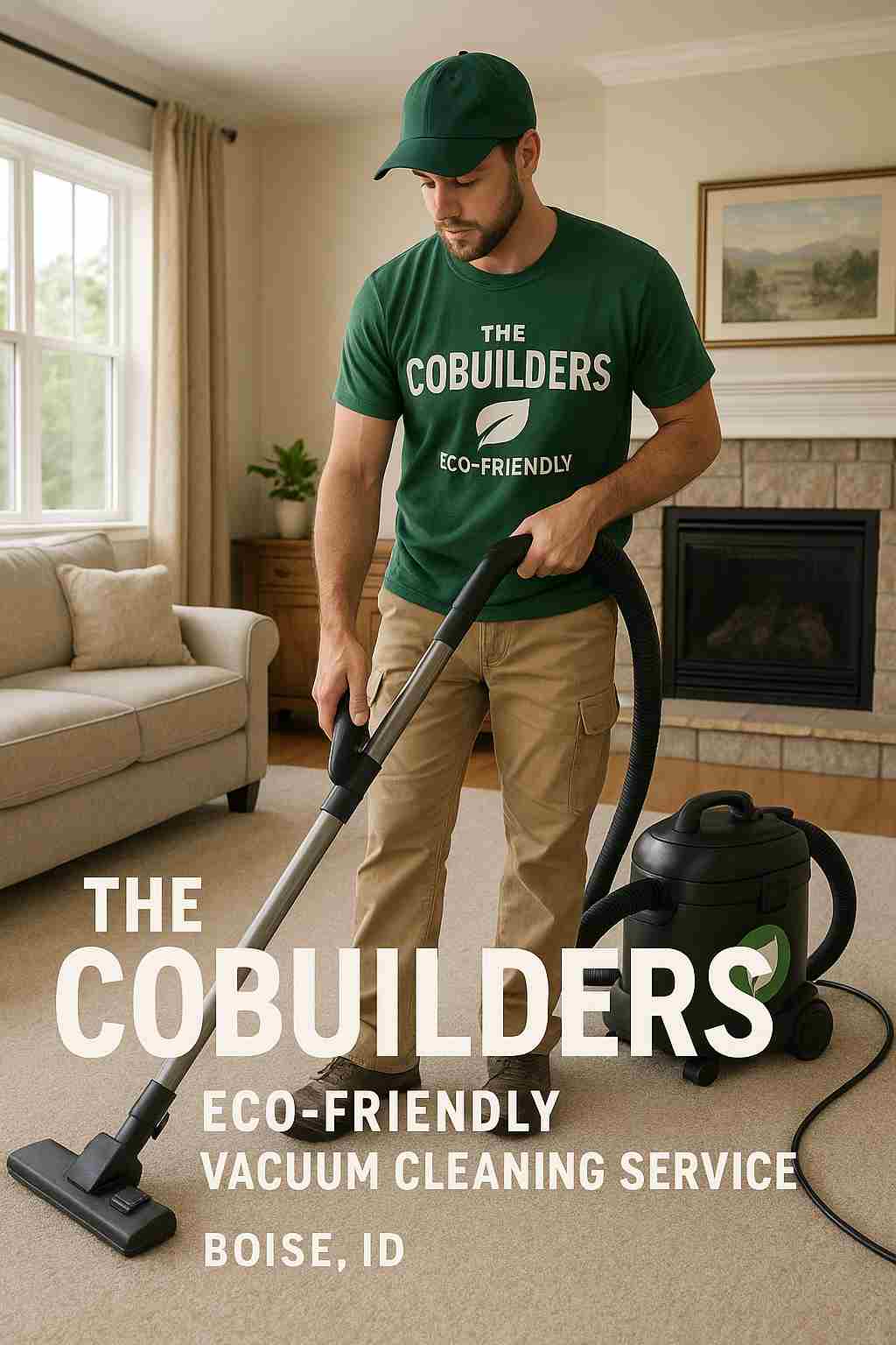 The CoBuilders eco-friendly vacuum cleaning service removing dust from carpeted floors in a Boise, ID family home