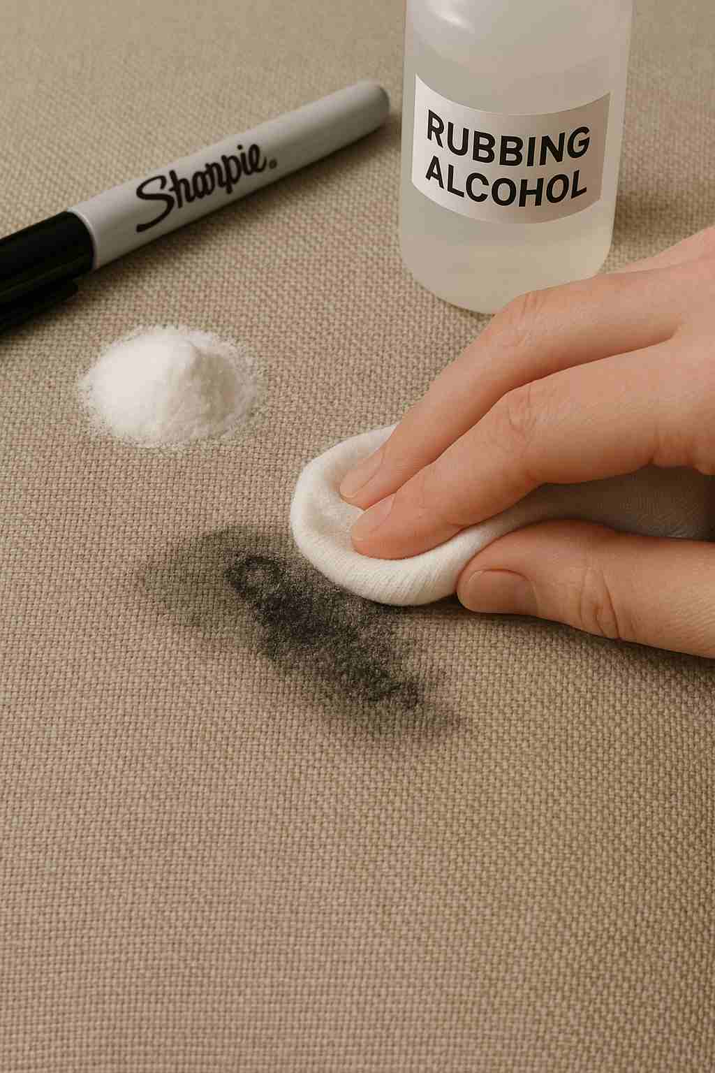 Close-up of gentle Sharpie marker removal process on fabric upholstery using baking soda and rubbing alcohol