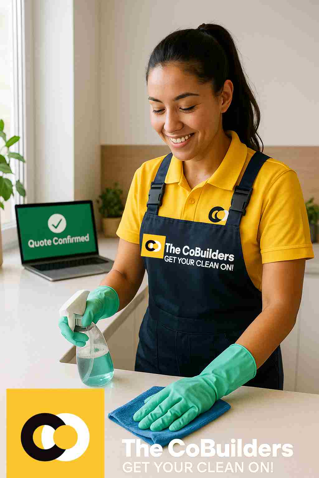 Professional cleaner from The CoBuilders performing eco-friendly house cleaning after customer quote confirmation