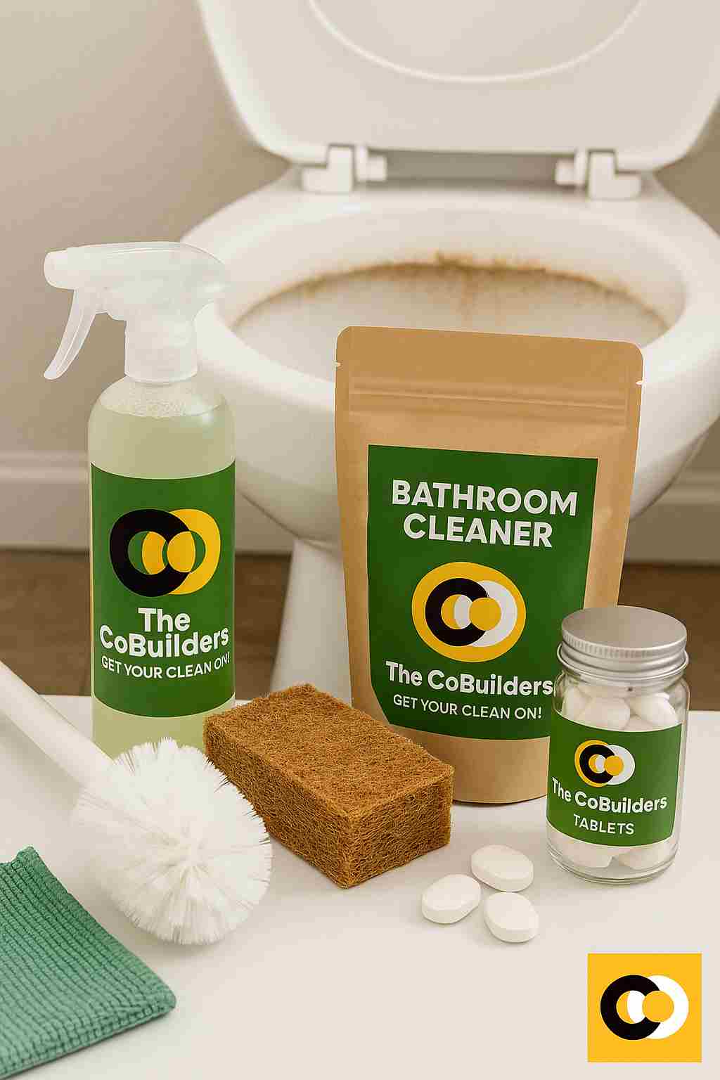 Eco-friendly cleaning products and tools used to remove toilet bowl stains caused by hard water buildup