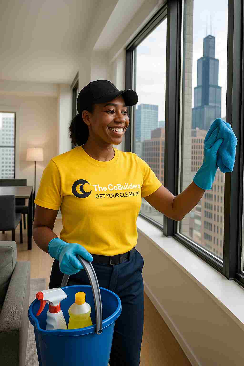 Professional cleaner from The CoBuilders providing residential cleaning service in a Chicago apartment near the Loop