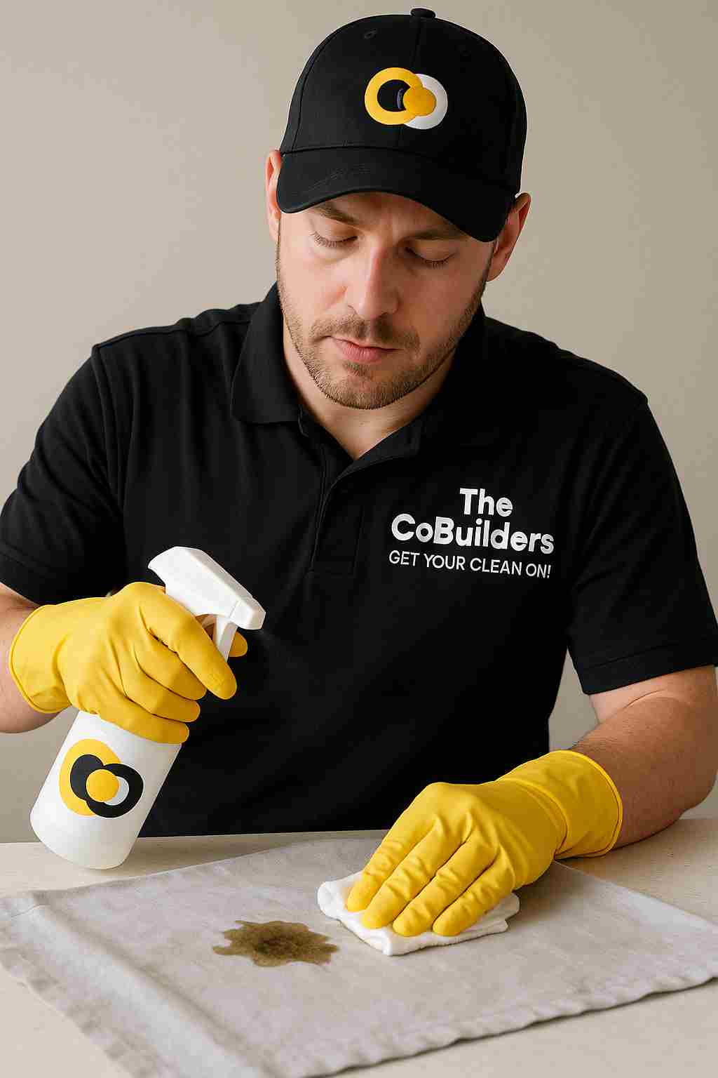 Professional cleaner from The CoBuilders treating an oil stain on delicate fabric