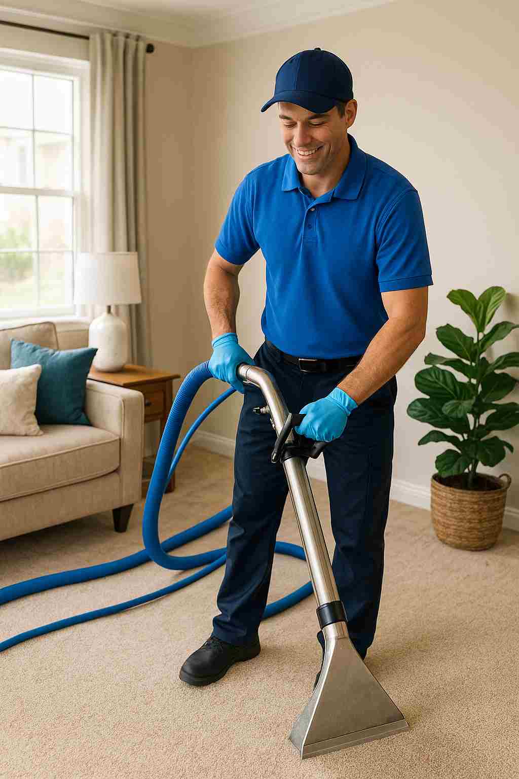 The CoBuilders professional using a carpet cleaning machine in a Nashville living room