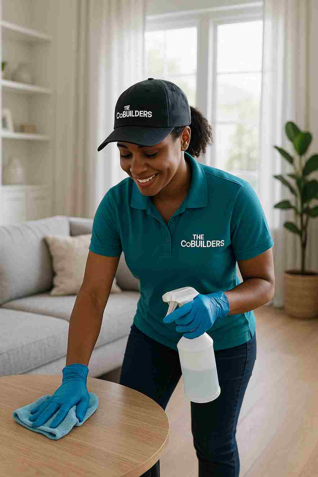 Professional cleaner from The CoBuilders providing reliable home cleaning in a modern living room
