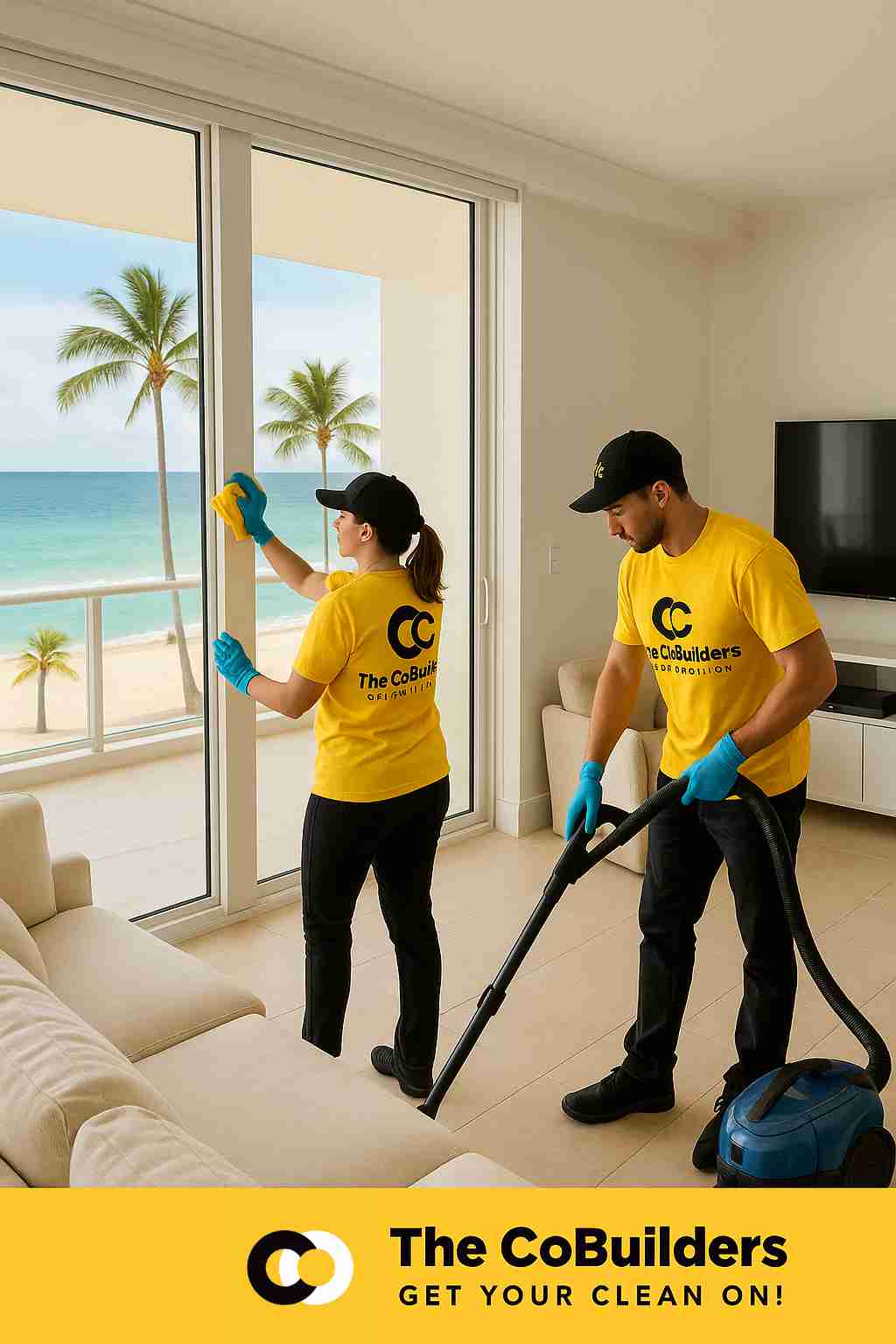 The CoBuilders cleaning team performing deep cleaning service in a Fort Lauderdale beachside condo