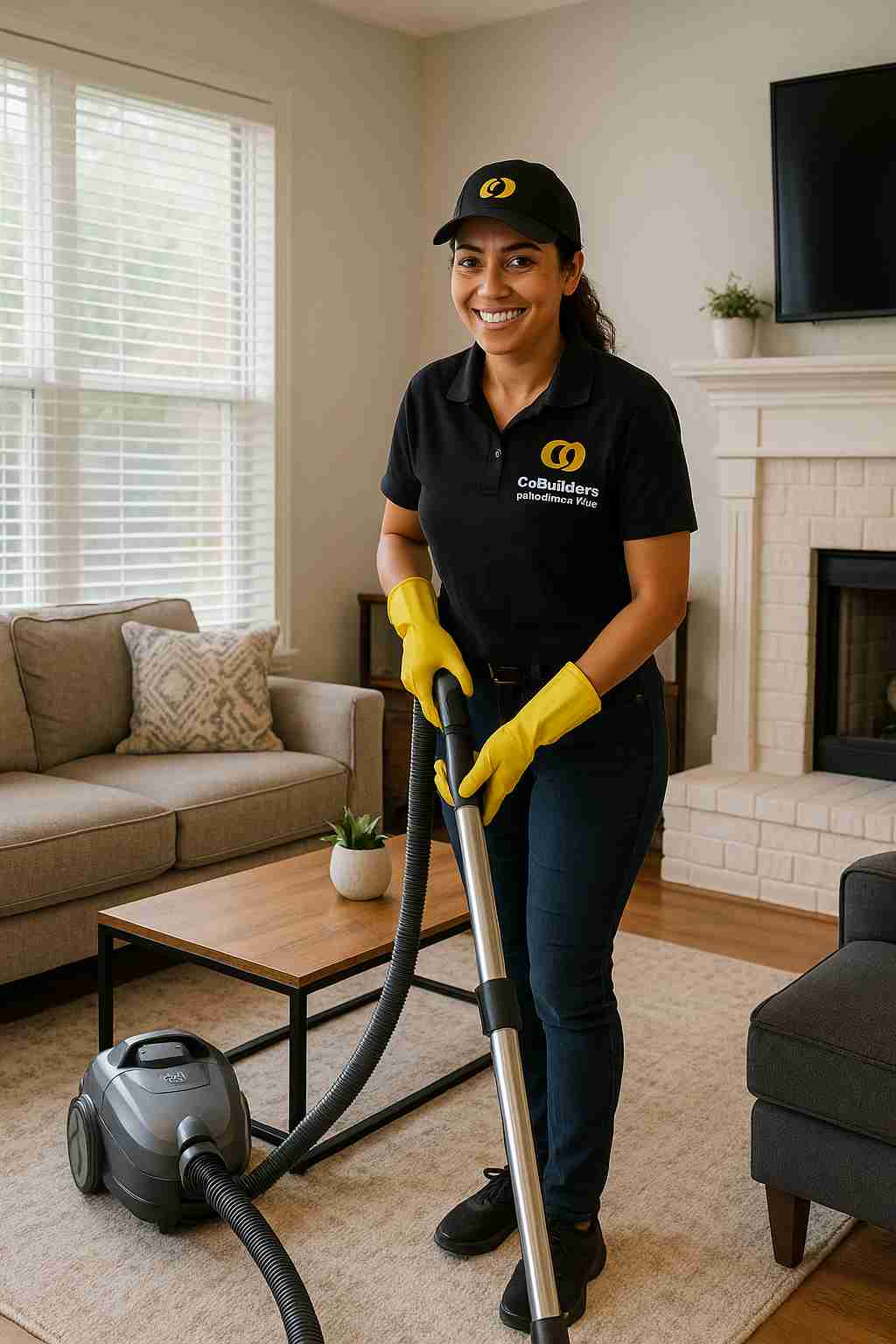 Professional cleaner from The CoBuilders providing home cleaning service in a Houston, TX living room