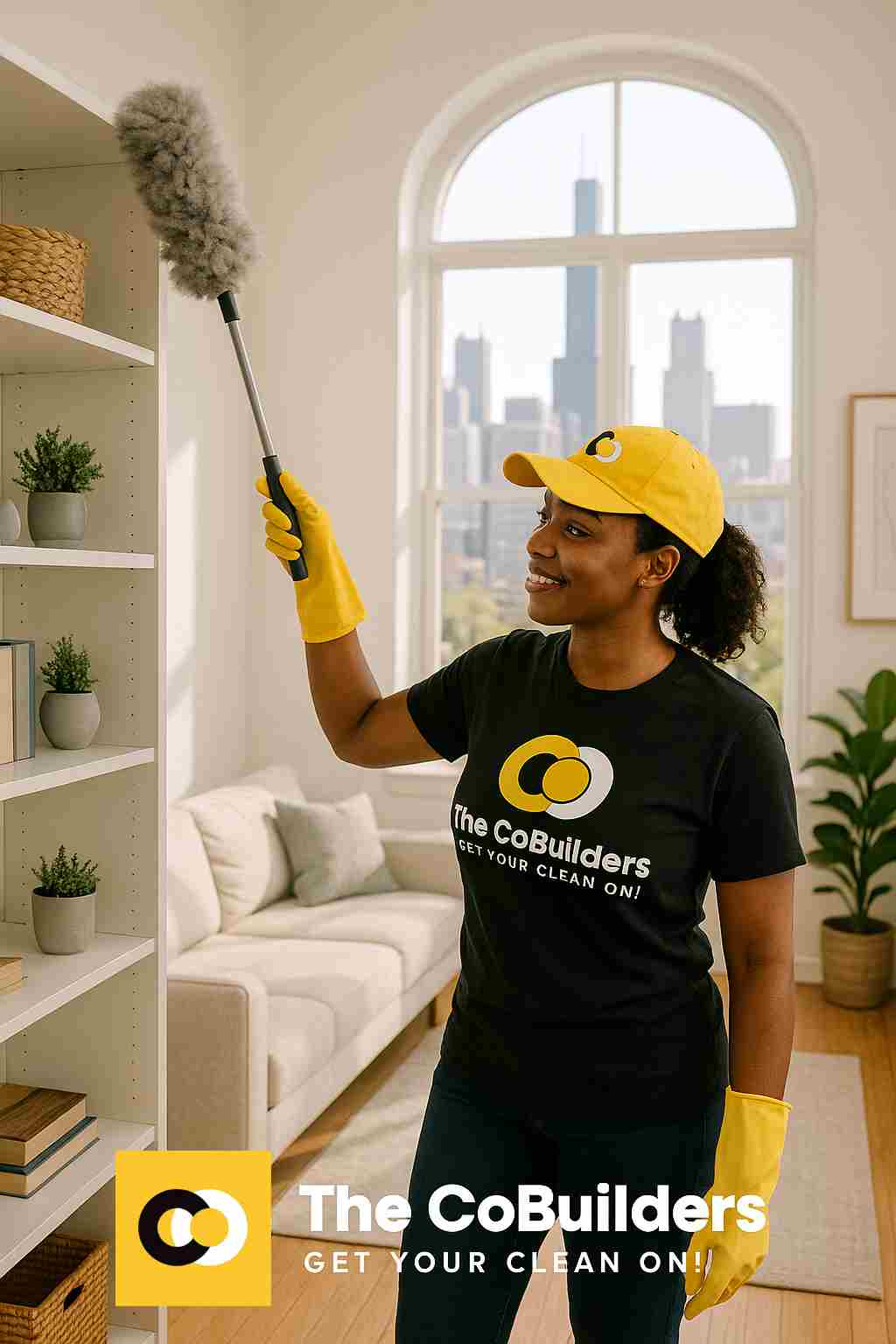 The CoBuilders cleaning professional dusting shelves in a bright Chicago living room