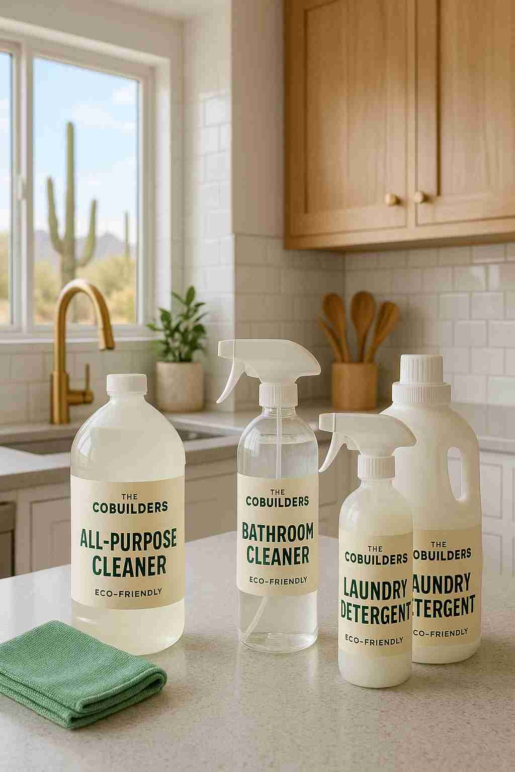 Eco-friendly cleaning products used by The CoBuilders maid service in a bright Arizona kitchen