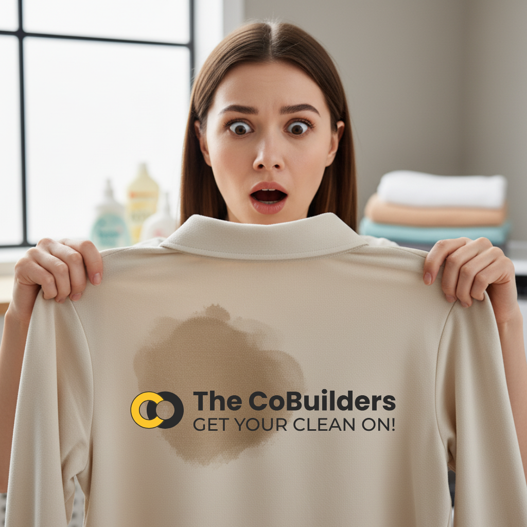 women shocked after seeing grease stain on shirt